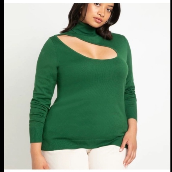 Eloquii green long sleeve turtle neck sweater with front cut out detail - Picture 1 of 9